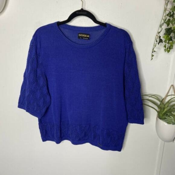 Geiger Austria Blue Knit Crocheted Sweater 43 US XL 14 Rare Cropped Piece EUC - Picture 1 of 6